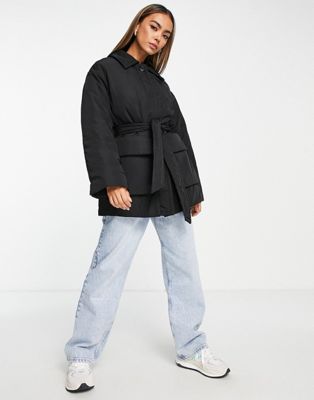 Monki padded shiny belted jacket in black - ASOS Price Checker