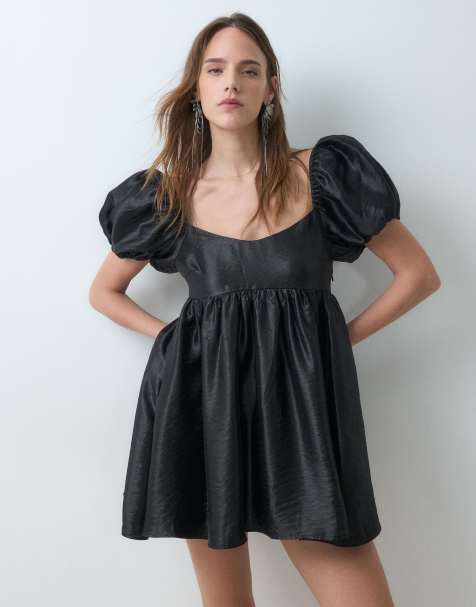 Monki vestido corto babydoll con mangas abullonadas en negro - view 1