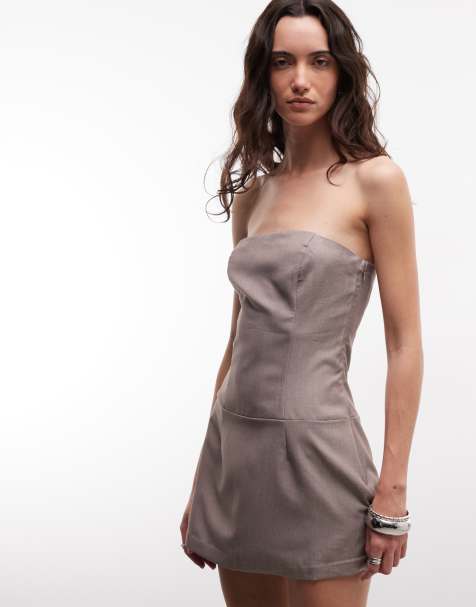 Monki - Vestido de traje corto beis melange sin tirantes con falda pantalón - view 1