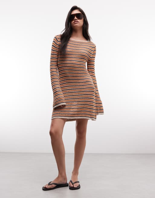Monki - vestido mini de croché a rayas multicolor naranja, 3 de 4