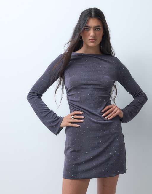 Monki vestido mini de manga larga con cuello barco y tachuelas en gris, 4 de 5
