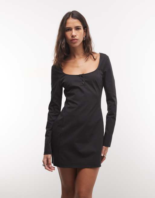 Monki - vestido recto mini de manga larga en negro, 2 de 4