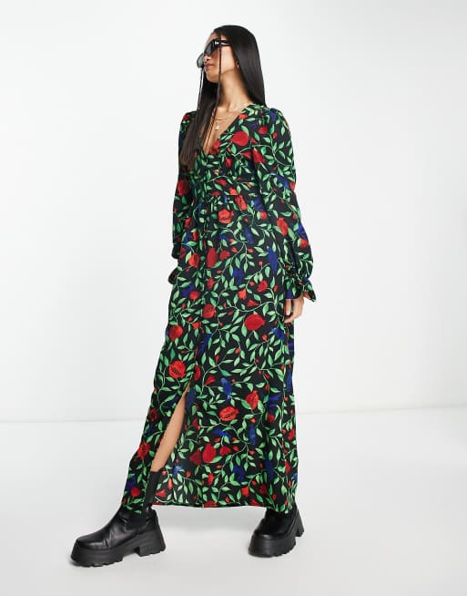 Monki - Vestito a maniche lunghe multicolore con scollo a V e bottoni 