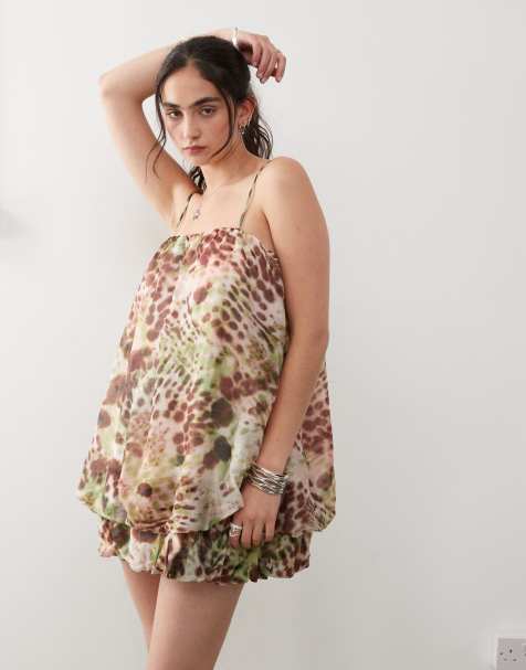 Monki - Vestito a palloncino voluminoso kaki con stampa marrone - view 1