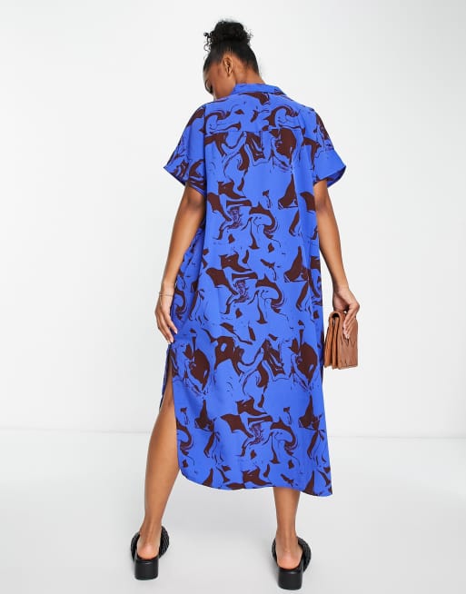 Monki Vestito camicia a maniche corte blu con stampa