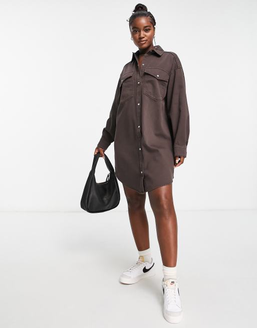 Monki - Vestito camicia corto in denim marrone 