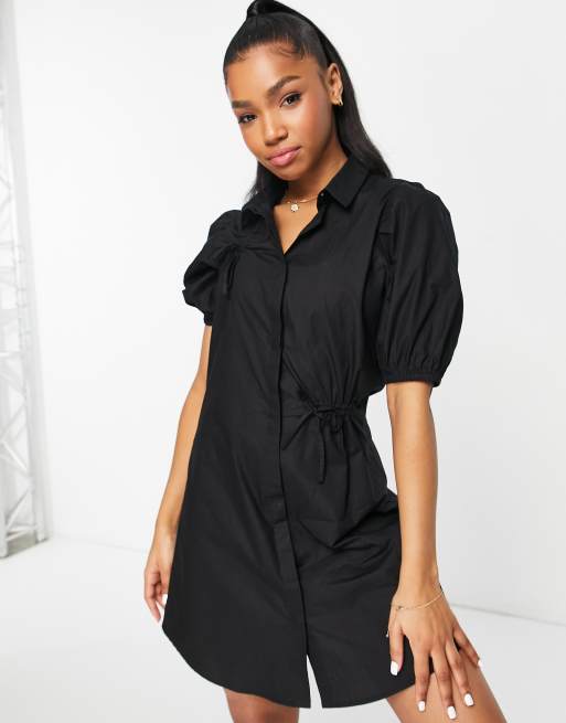 Monki - Vestito camicia corto nero con dettaglio arricciato