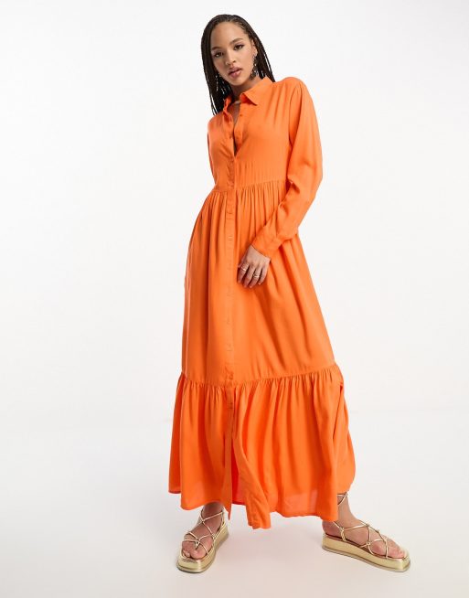 Monki - Vestito camicia lungo in popeline arancione