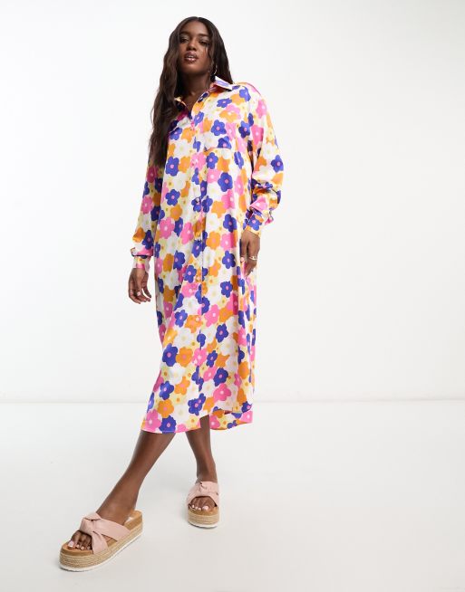 Monki - Vestito camicia lungo in raso multicolore a fiori