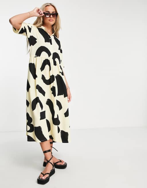 Monki - Vestito camicia midi a grembiule giallo pallido con stampa stile pennellate
