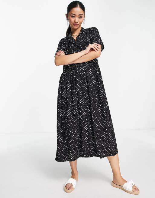 Monki - Vestito camicia midi nero con stampa a pois - BLACK