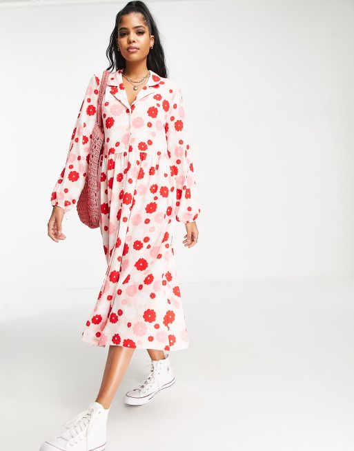 Monki - Vestito camicia midi rosa a fiori rossi