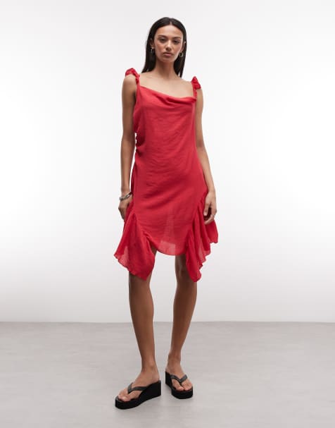 Monki - Vestito corto asimmetrico rosso con volant - view 1