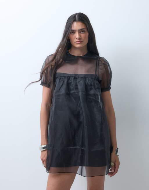 Monki vestito corto babydoll in organza con colletto, nero, 2 di 5
