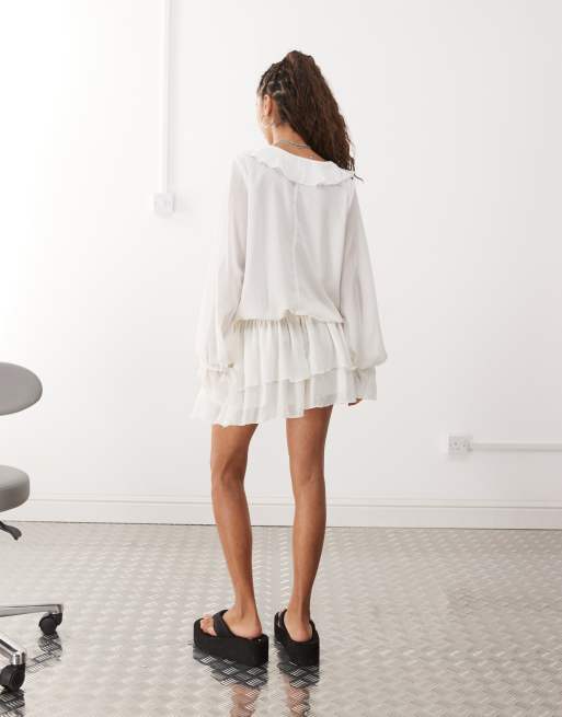 Monki - Vestito corto bianco con volant, 3 di 4