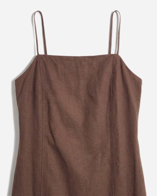 Monki - Vestito corto con spalline sottili in misto lino marrone con tasche, 7 di 7