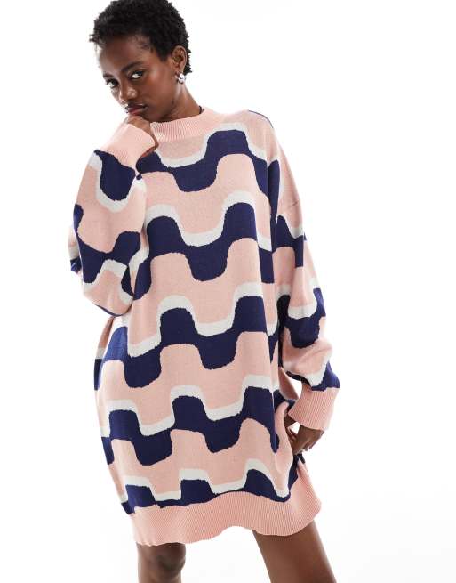 Monki Vestito corto oversize in maglia blu e rosa a righe ondulate con motivo jacquard