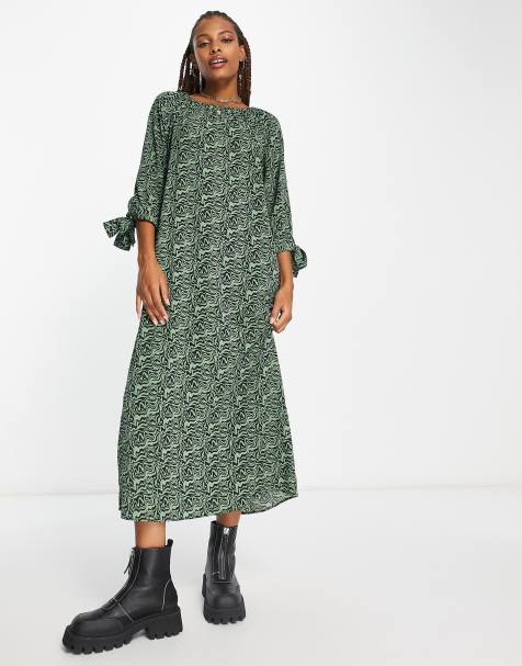 Monki - Vestito grembiule midi verde con stampa astratta e maniche con laccetti - view 1