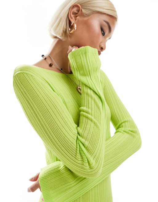 Monki Vestito lungo slim a maniche lunghe in maglia verde lime ASOS