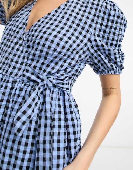 Monki - Vestito midi a maniche corte blu a quadretti, 3 di 4