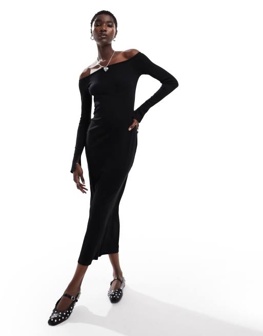 Monki - Vestito midi a maniche lunghe con scollo a barchetta nero