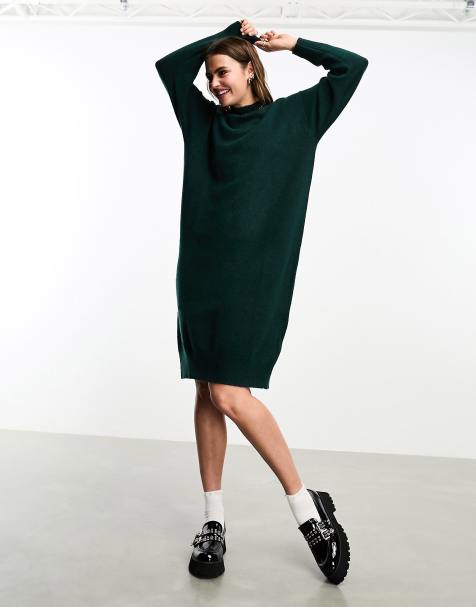 Monki - Vestito midi a maniche lunghe in maglia verde bosco - view 1