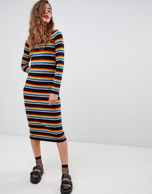 Monki - Vestito midi in jersey a righe arcobaleno