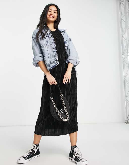 Monki - Vestito midi nero plissé a colonna vestibilità comoda