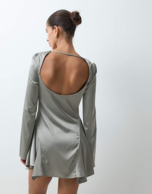 Monki vestito mini asimmetrico a maniche lunghe con schiena aperta in grigio chiaro, 5 di 5