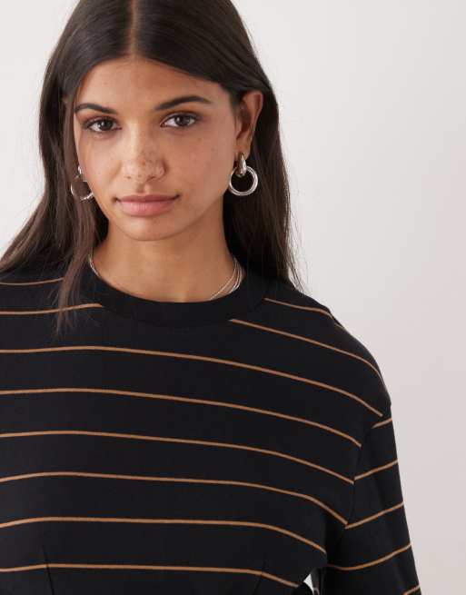 Monki - Vestito T-shirt corto a maniche lunghe stretto in vita nero a righe, 4 di 4