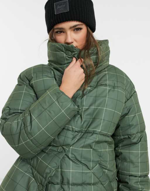 Monki Vickan check print padded coat in khaki | ASOS