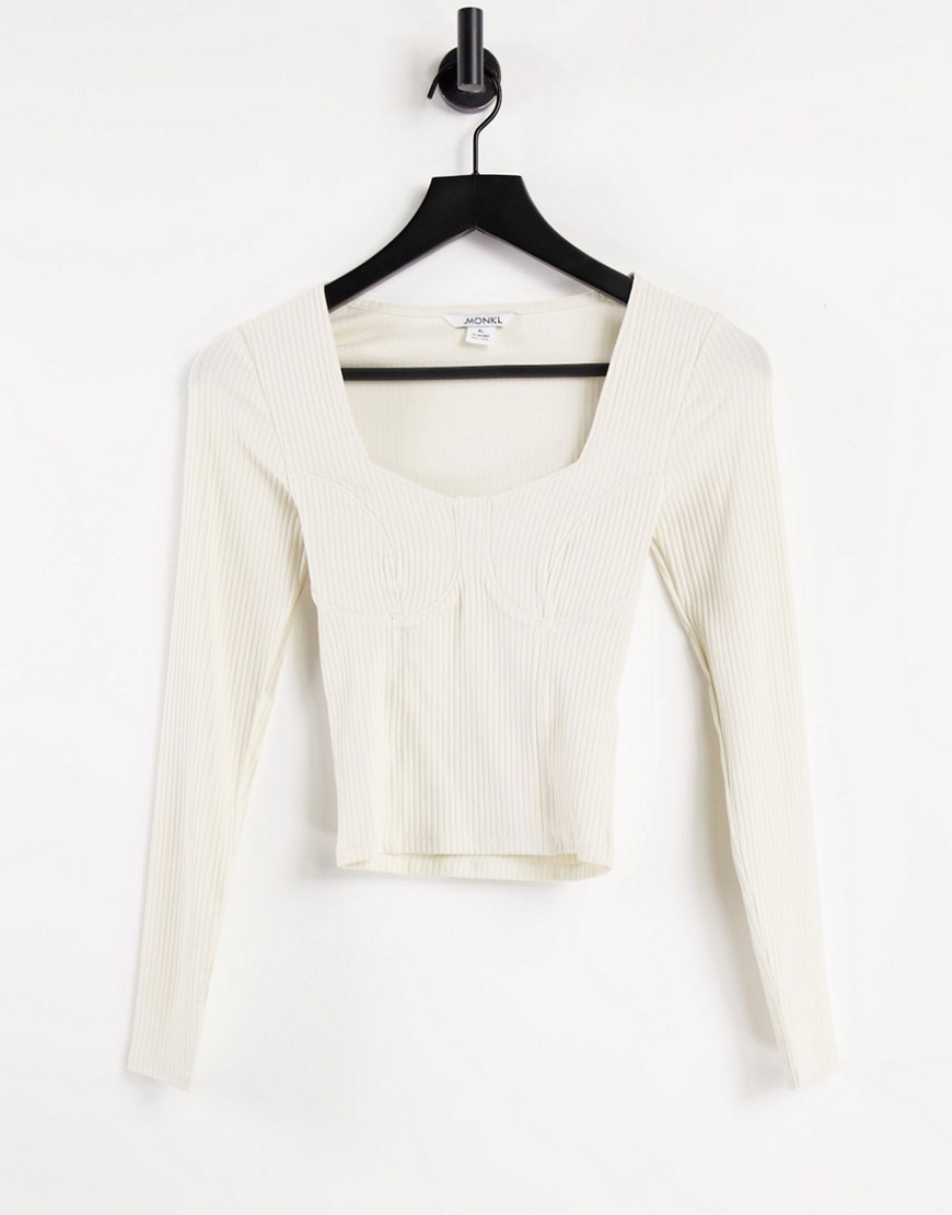 Monki Vinnie organic cotton long sleeve seam top in off white-Neutral