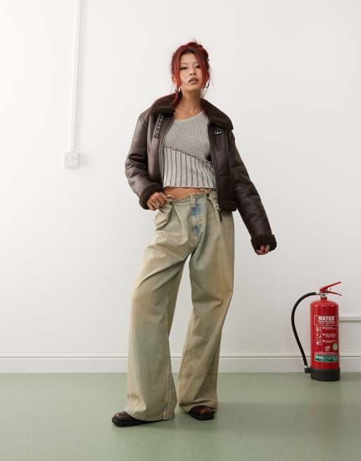 Monki vintage look faux shearling aviator jacket with buckle collar in brown