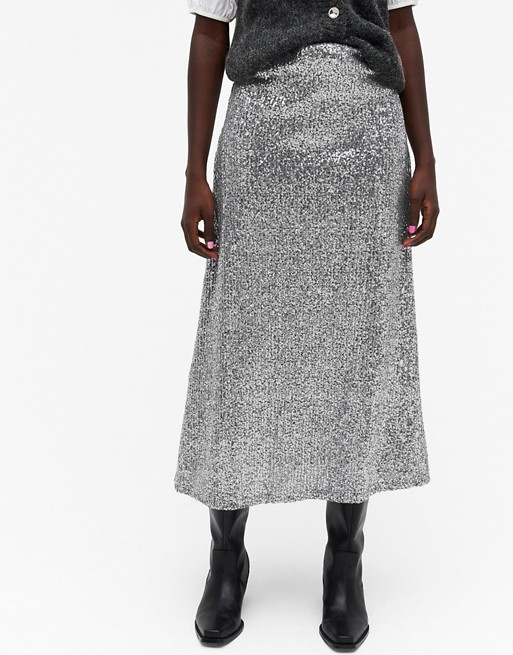 Monki Viola sequin midi skirt in silver | ASOS