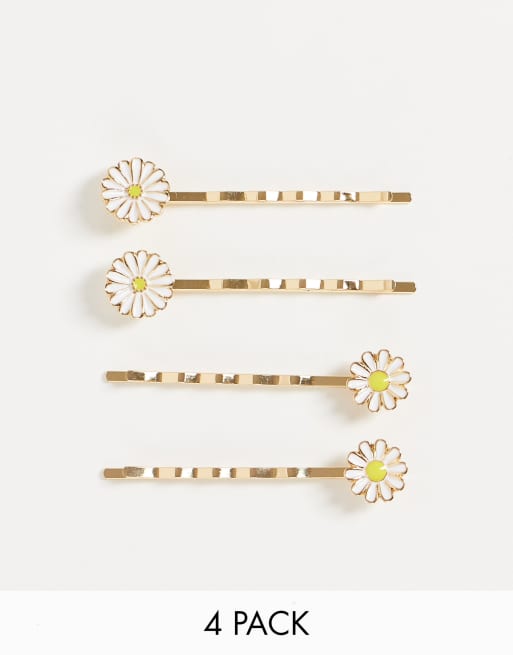 Monki - Violette - Confezione da 4 fermagli per capelli con margherita, colore oro