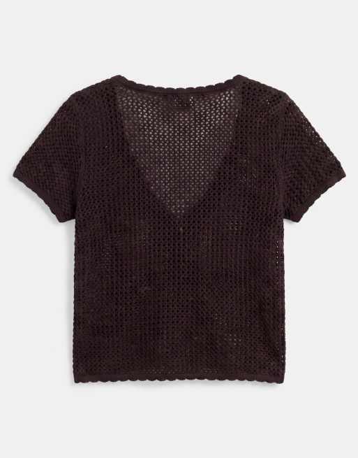 Monki virkad stickad topp med kort ärm i chokladbrun set, 6 av 7