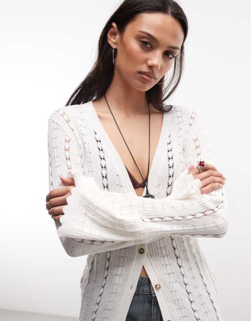 Monki – Vit, blommig, virkad maxikofta, 2 av 4