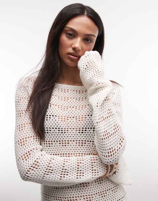 Monki – Vit, blommig, virkad miniklänning med utsvängda ärmar, 4 av 4