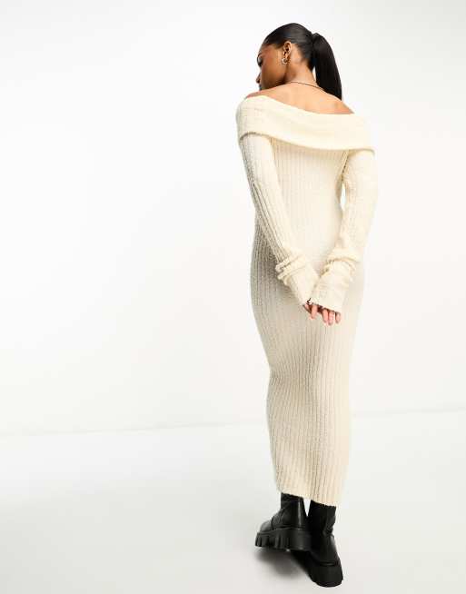Monki – Vit ribbstickad midiklänning i off shoulder-modell, 3 av 4