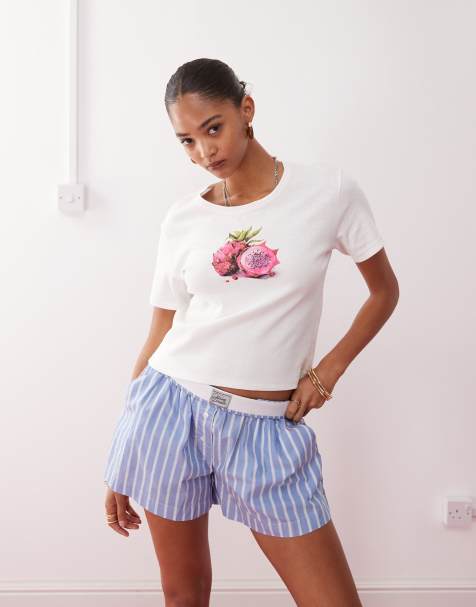 Monki – Vit t-shirt i krympt design med drakfruktstryck - view 1