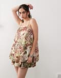 [Monki] Monki volume bubble dress in khaki and brown print-Green M Khaki print
