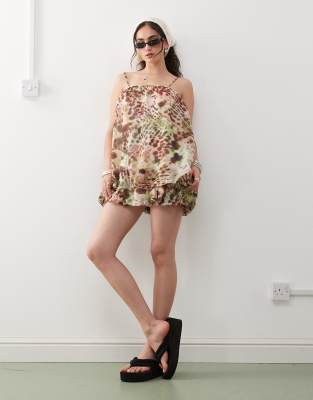 Monki volume bubble dress with adjustable straps in khaki green and brown print - view 1
