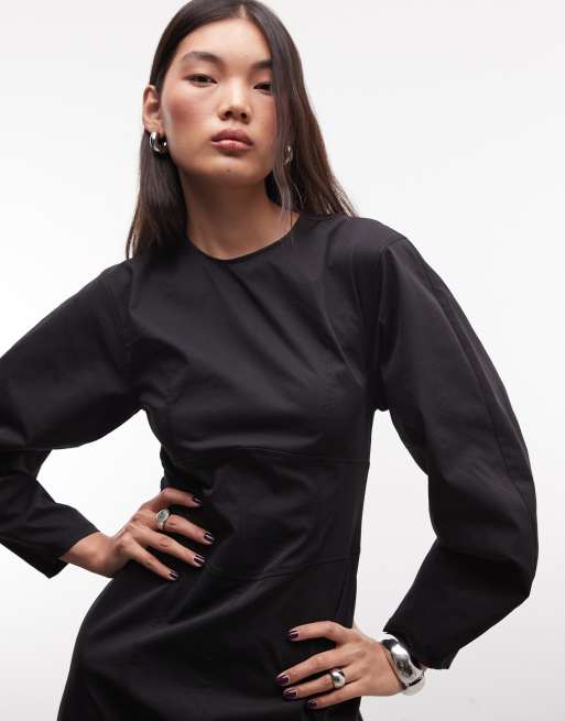 Monki volume sleeve contour mini dress in black, 3 of 4