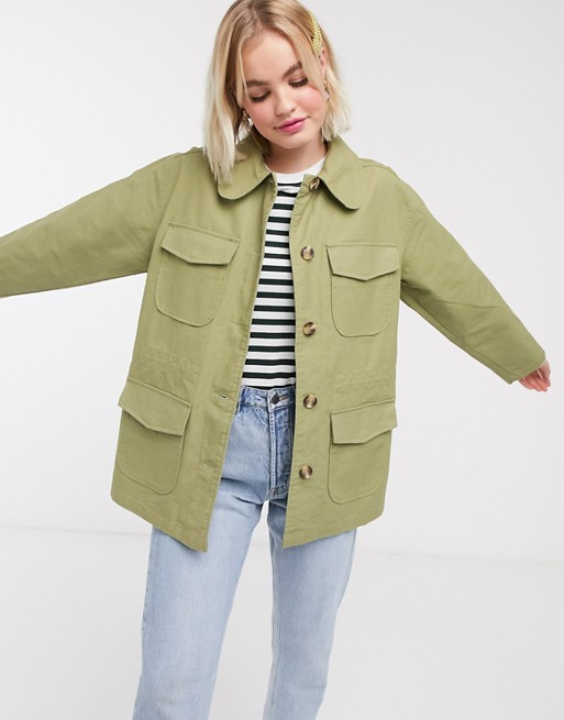 Monki waisted utility jacket in green