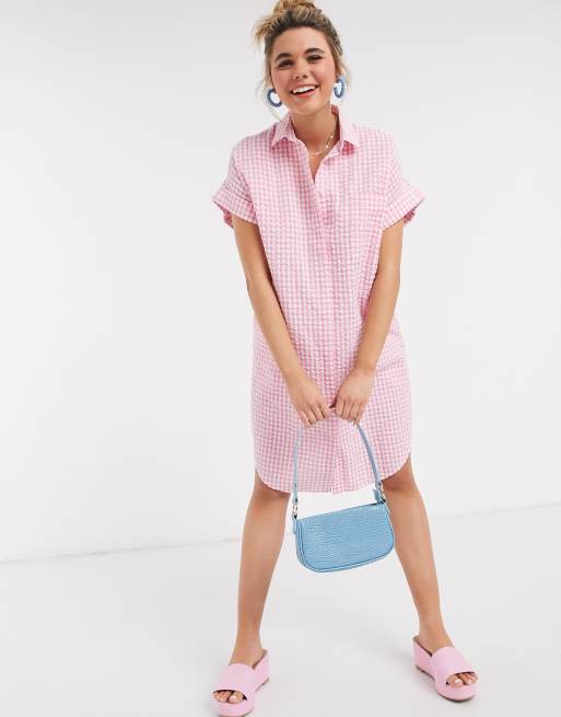 Monki Wanna organic cotton oversized gingham print shirt dress in pink
