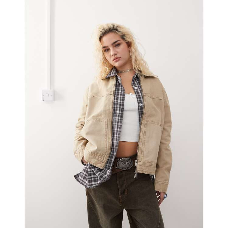 Officine Generale Leather Jackets for Men RcjShops Monki washed jacket with collar and front patch pockets in beige