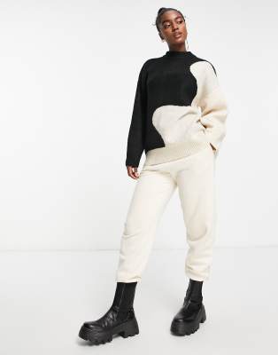 Monki wave color block knit sweater in beige and black