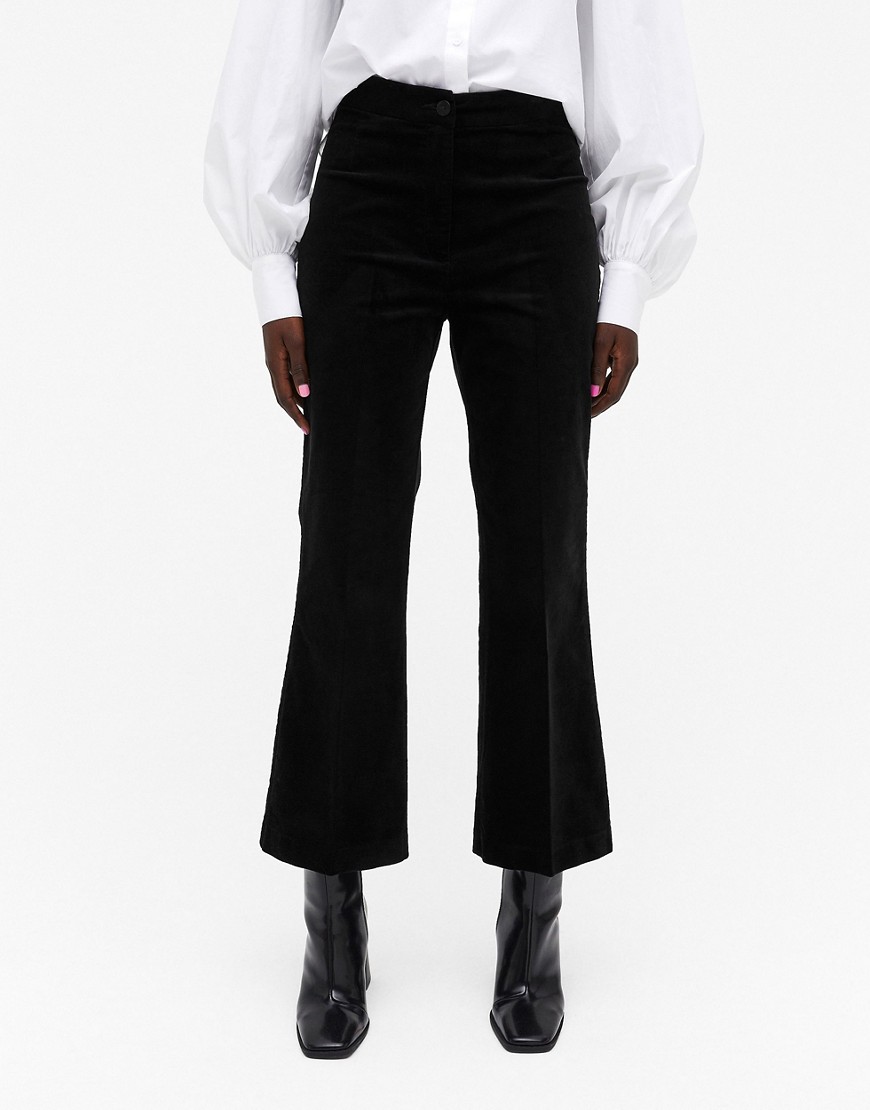 Monki Wendy cotton flat cord flare pants in black