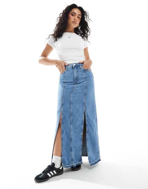 Monki - Western-maxinederdel i denim i vintage-blå vask - view 1