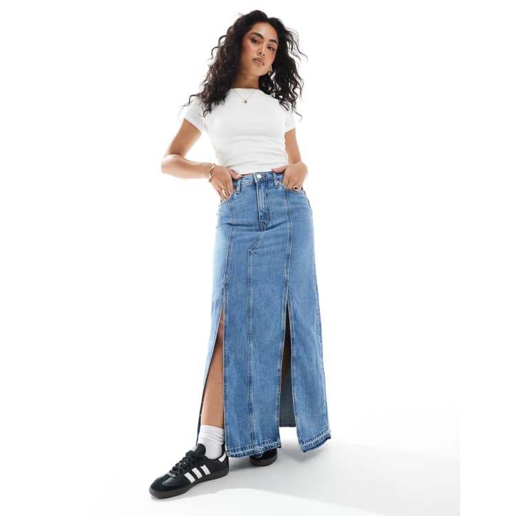 Monki western style denim maxi skirt in vintage blue wash | ASOS